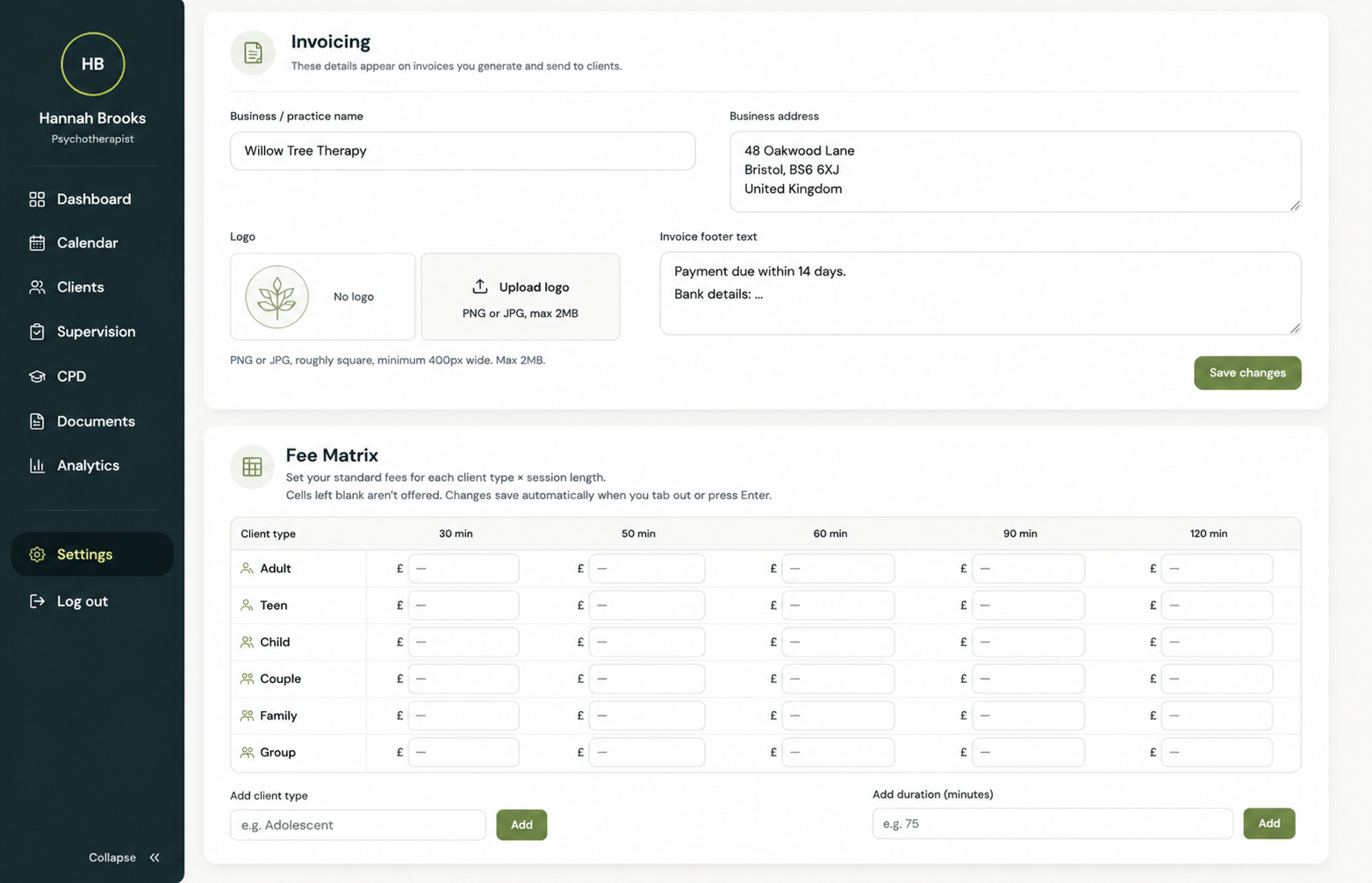 Settings screen showing invoicing details and fee matrix