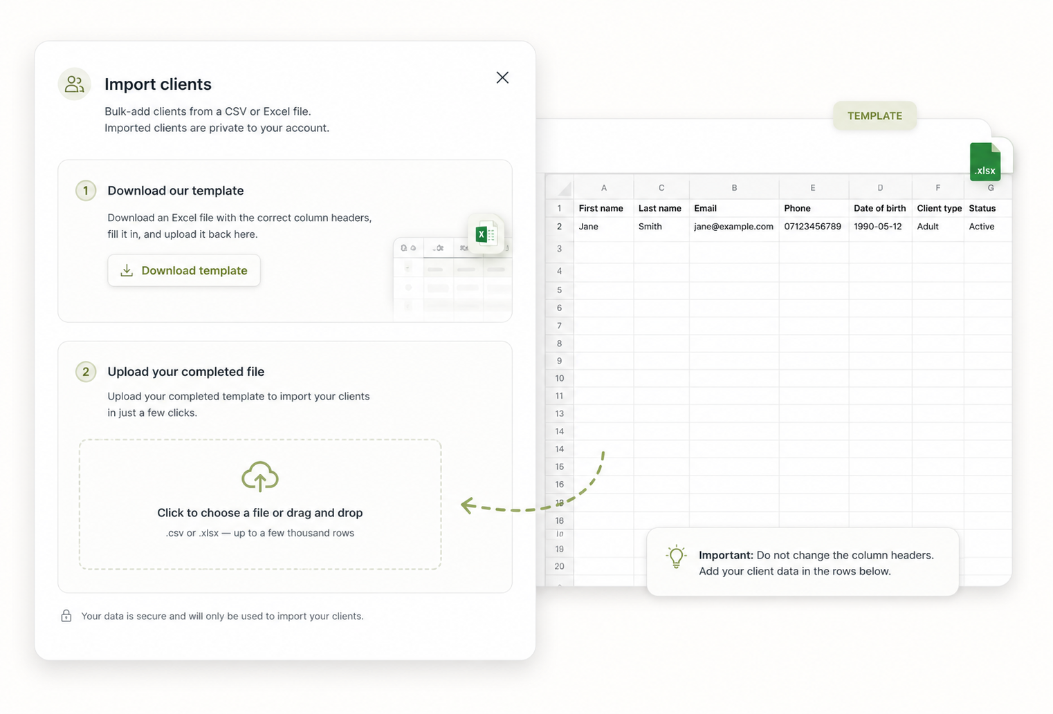 Import clients modal with template download and file upload